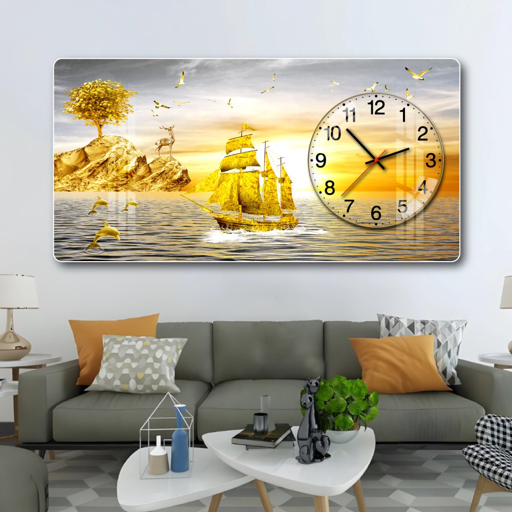 Tranh Đồng Hồ Nổi 3D Thuyền Vàng Và Hoàng Hôn Trên Biển