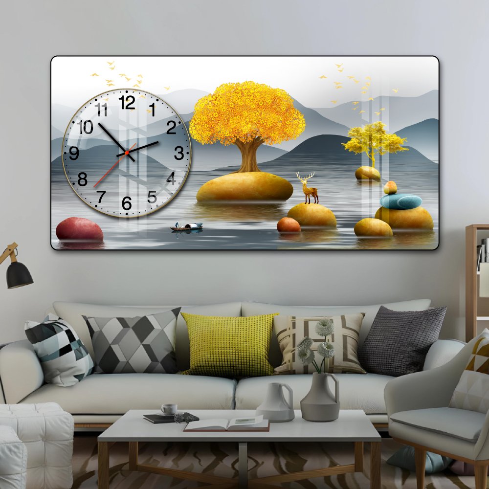 Tranh Đồng Hồ Nổi 3D Cây Kim Tiền Và Hươu Vàng Phú Quý
