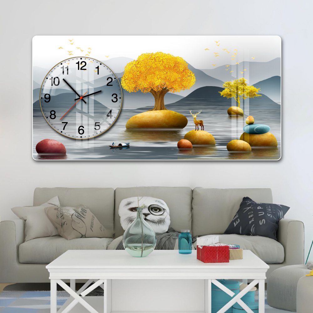 Tranh Đồng Hồ Nổi 3D Cây Kim Tiền Và Hươu Vàng Phú Quý