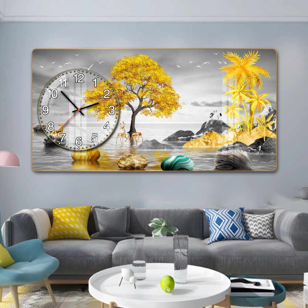 Tranh Đồng Hồ Nổi 3D Cây Vàng Và Đôi Hươu Phú Quý