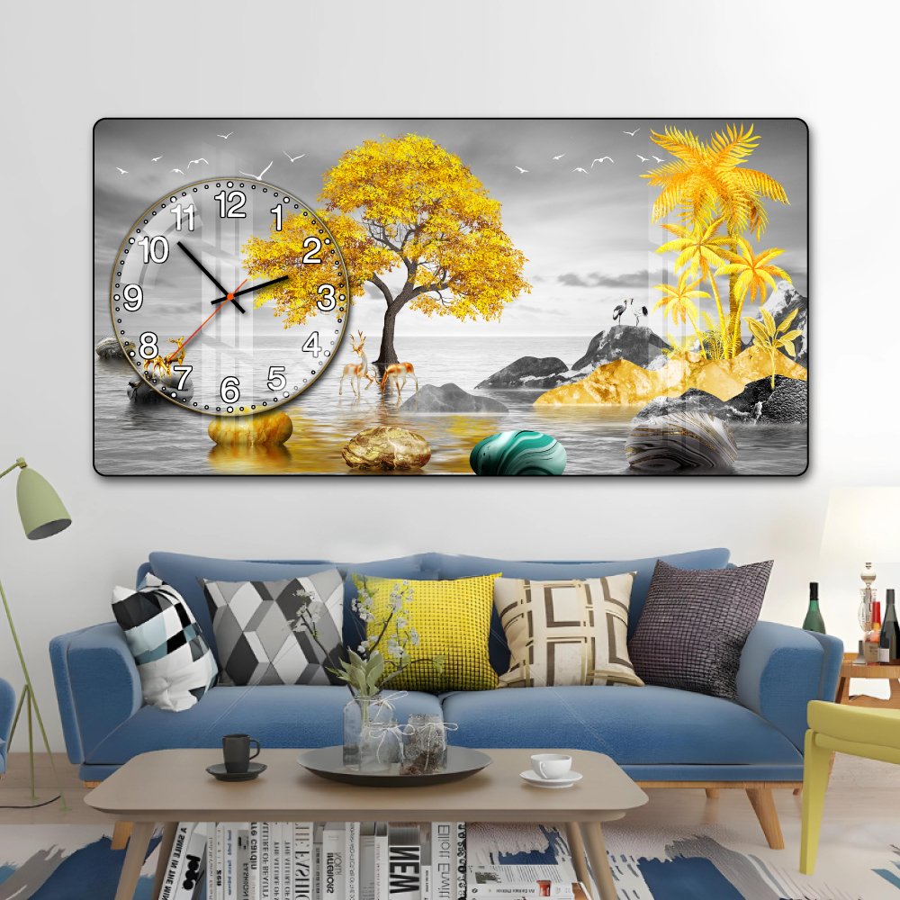 Tranh Đồng Hồ Nổi 3D Cây Vàng Và Đôi Hươu Phú Quý