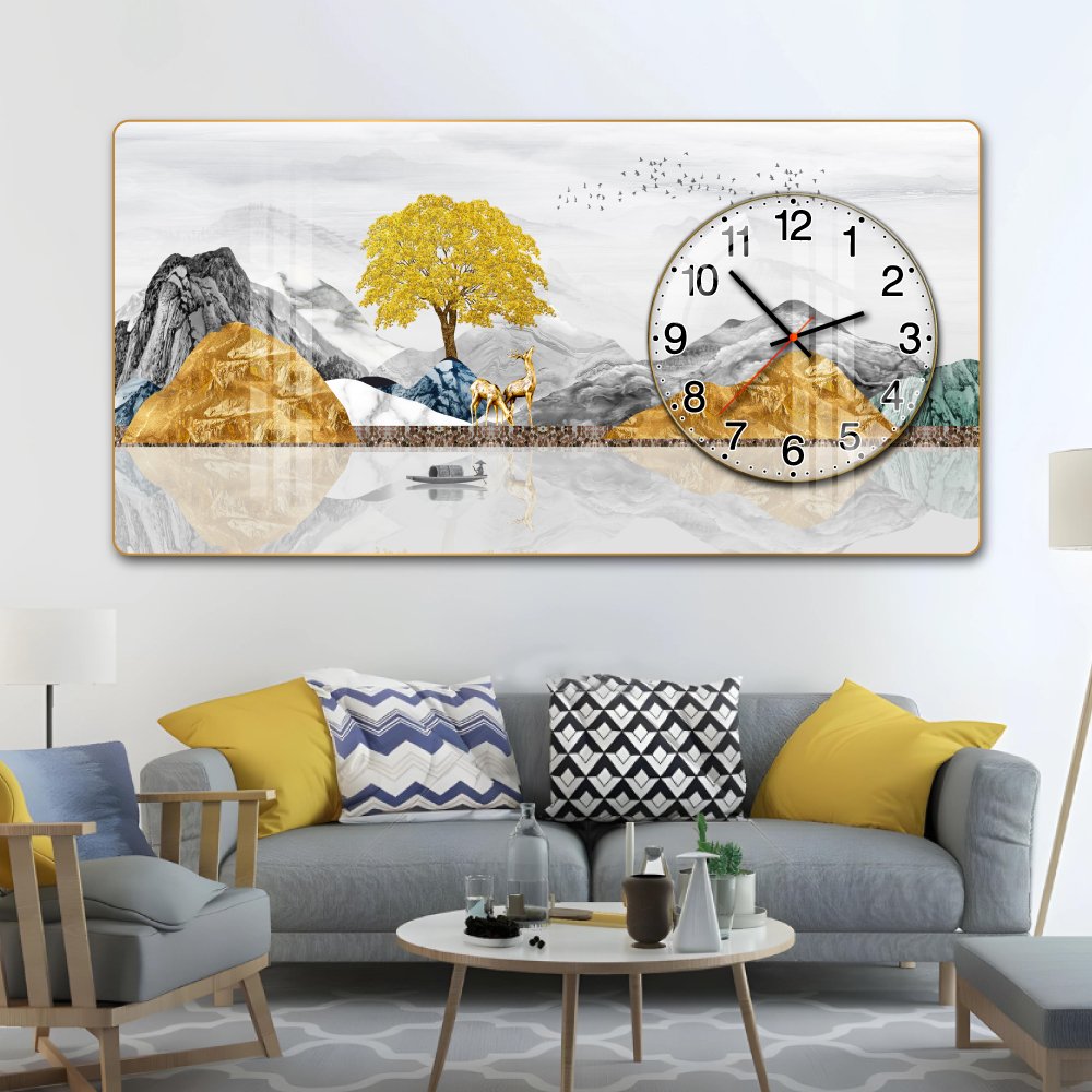 Tranh Đồng Hồ Nổi 3D Núi Sông Trùng Điệp và Hươu Vàng Dưới Trăng