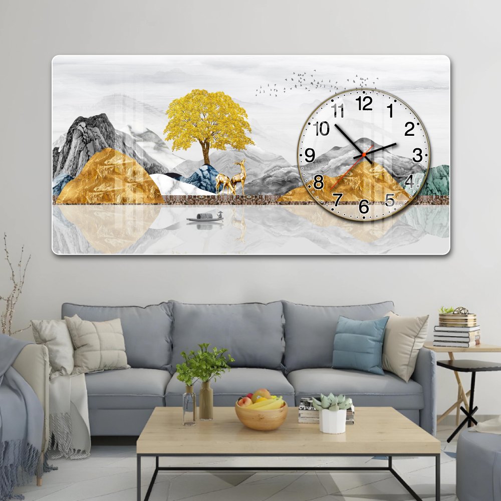 Tranh Đồng Hồ Nổi 3D Núi Sông Trùng Điệp và Hươu Vàng Dưới Trăng