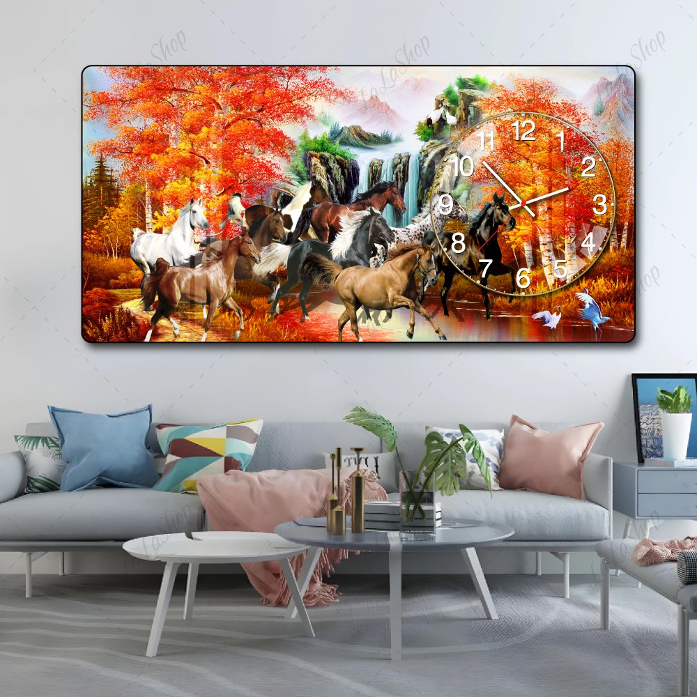 Tranh Đồng Hồ Nổi 3D Mã Đáo Thành Công Và Mùa Thu Vàng