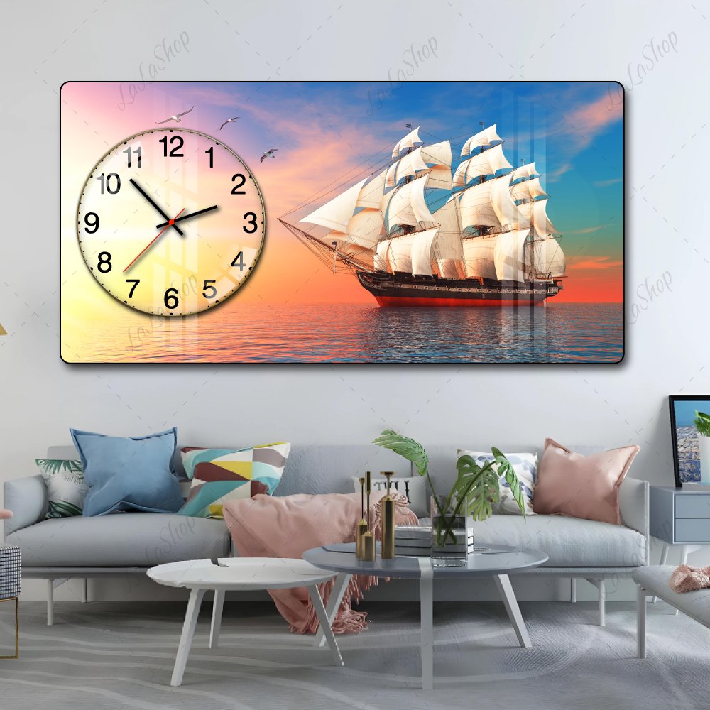 Tranh Đồng Hồ Nổi 3D Thuận Buồm Xuôi Gió Và Hoàng Hôn Trên Biển