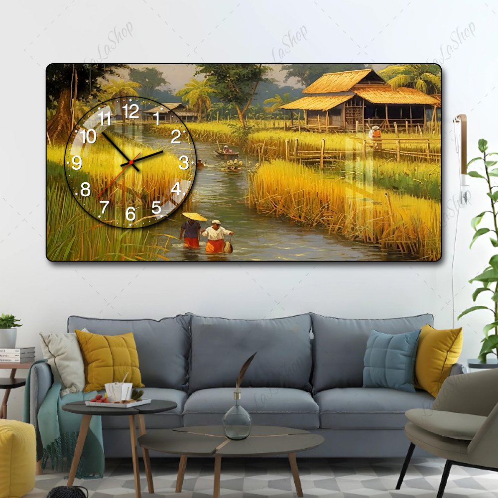 Tranh Đồng Hồ Nổi 3D Tuổi Thơ Trên Đồng Lúa Chín