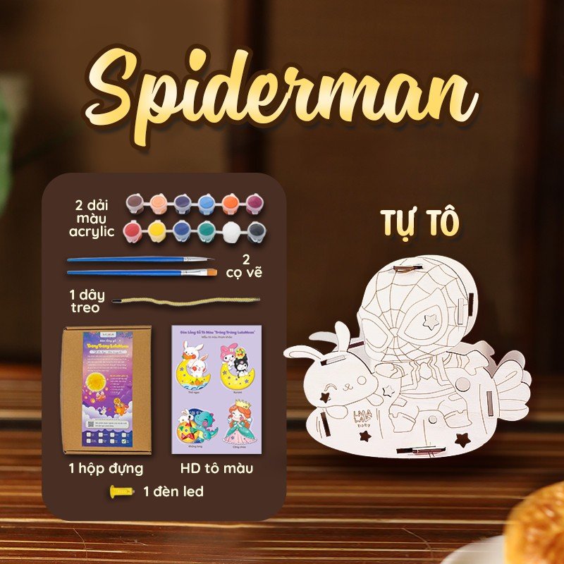 Lồng Đèn Trung Thu Bằng Gỗ Người Nhện Và Thỏ Ngọc Dễ Thương