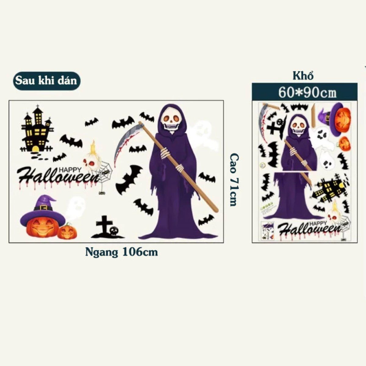 Decal 2 Mặt Trang Trí Halloween Dán Kính Thần Chết Và Bóng Ma Kinh Dị