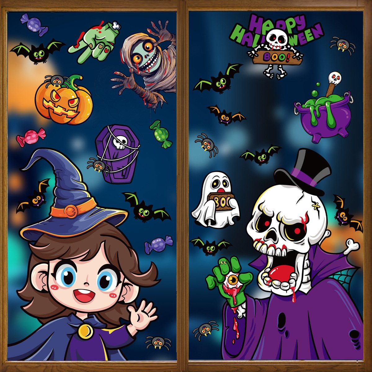 Combo 2 tấm decal 2 mặt trang trí halloween phù thủy và ma ca rồng