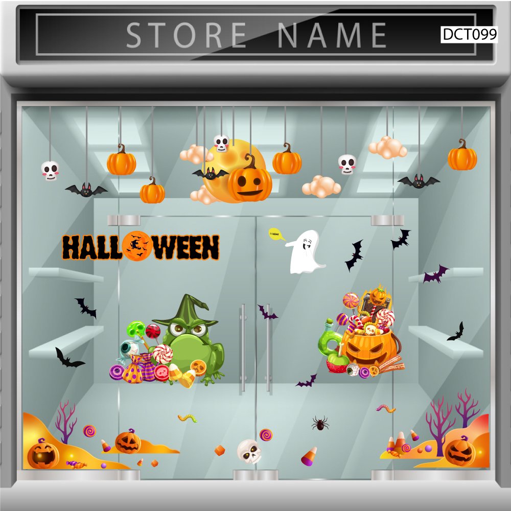 Combo Decal Trang Trí Halloween Bí Ngô Và Ếch Xanh Phát Kẹo