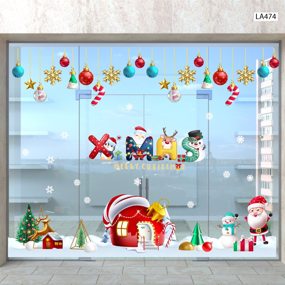 Combo Decal Trang Trí Noel Merry Chistmas Ông Già Noel Và Ngôi Nhà Tuyết Ấm Áp