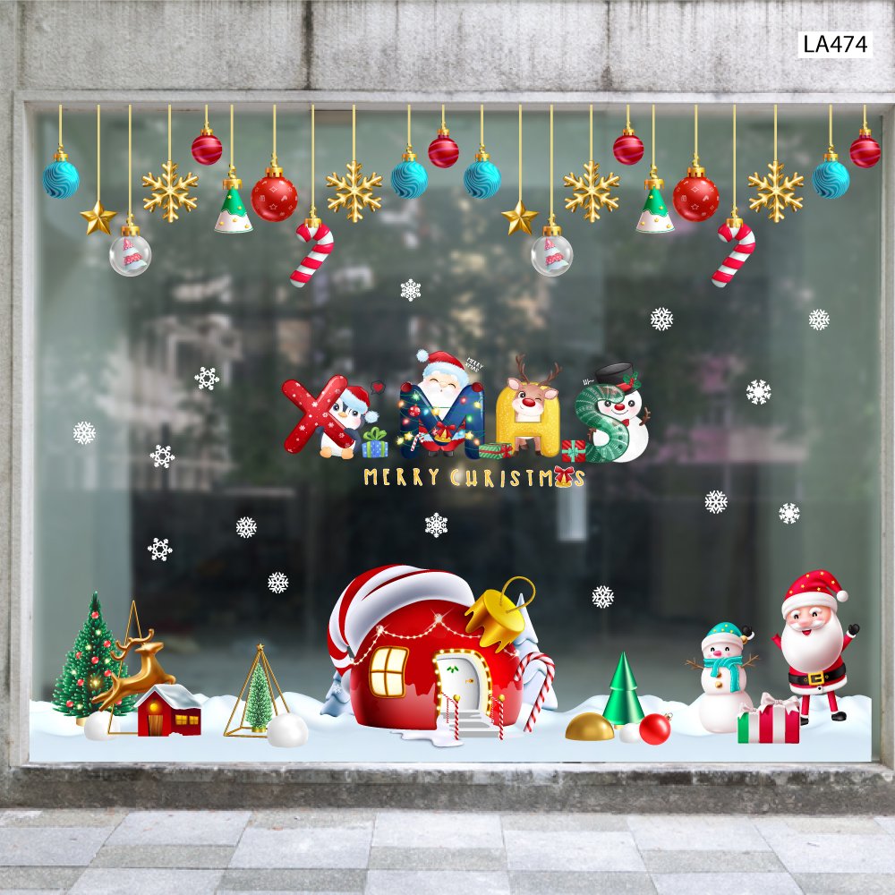 Combo Decal Trang Trí Noel Merry Chistmas Ông Già Noel Và Ngôi Nhà Tuyết Ấm Áp