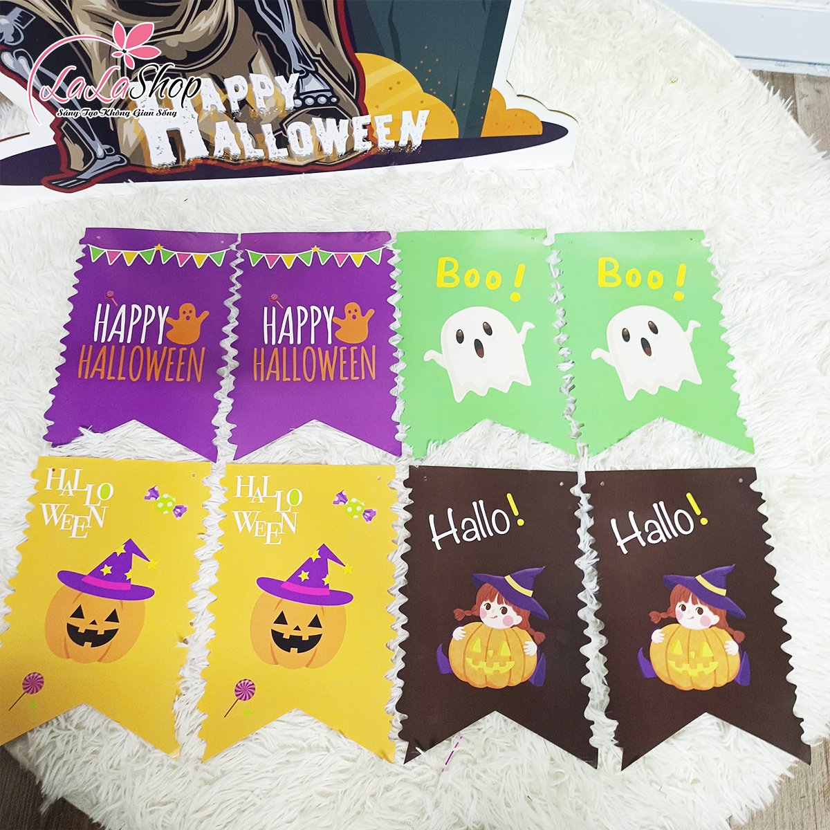 Đồ treo trang trí Halloween Set Dây Treo 8 Hình Lá Cờ Bí Ngô Và Cô Bé Phù Thủy