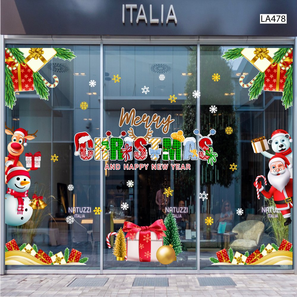 Combo Decal Trang Trí Noel Merry Chistmas Gấu Trắng Và Những Người Bạn Phát Quà