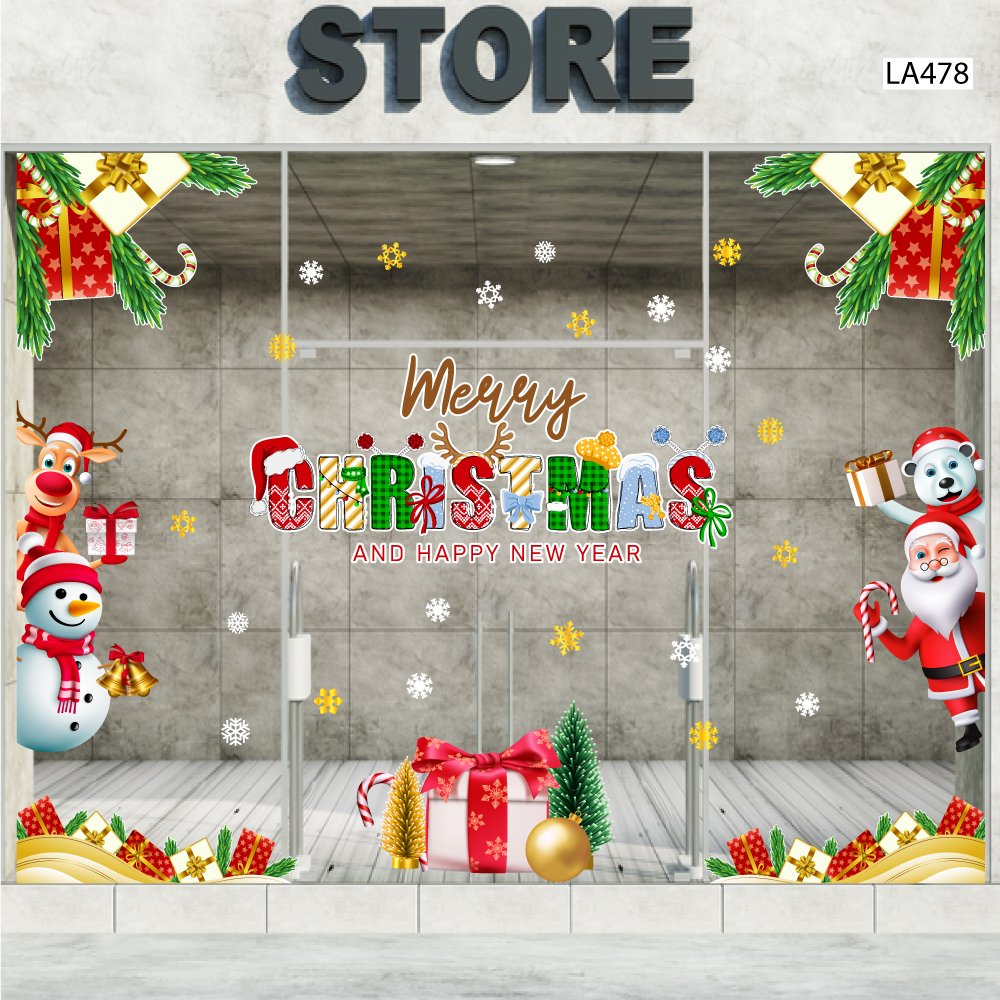 Combo Decal Trang Trí Noel Merry Chistmas Gấu Trắng Và Những Người Bạn Phát Quà