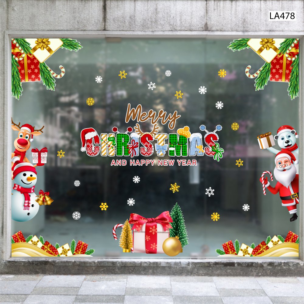 Combo Decal Trang Trí Noel Merry Chistmas Gấu Trắng Và Những Người Bạn Phát Quà