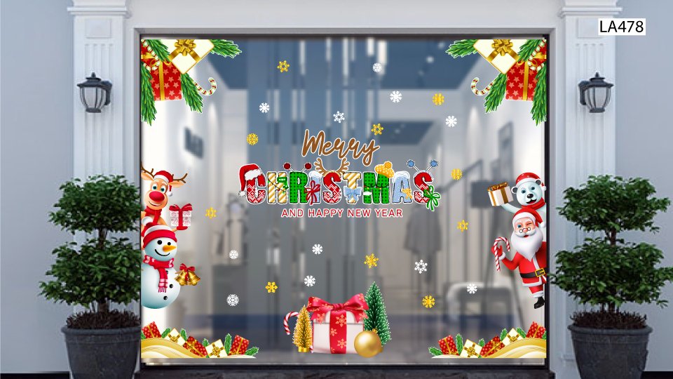 Combo Decal Trang Trí Noel Merry Chistmas Gấu Trắng Và Những Người Bạn Phát Quà