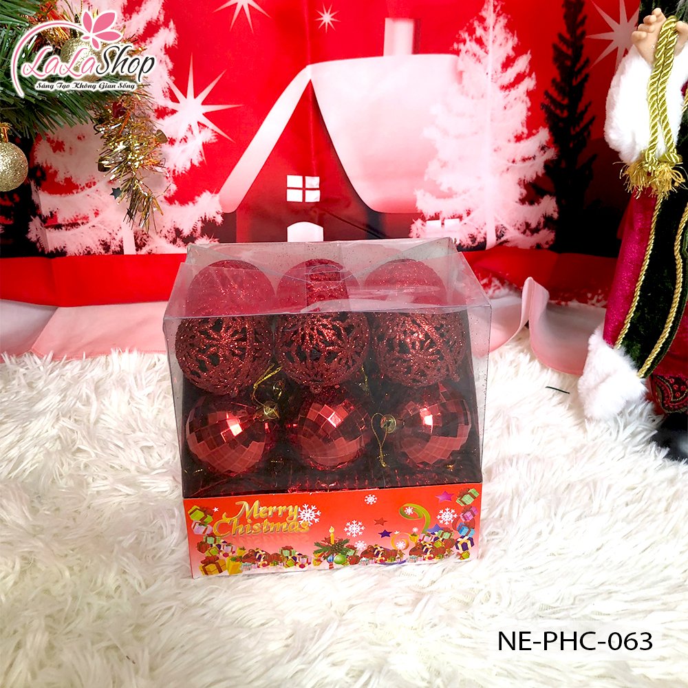 Hộp châu 6cm 12 quả và 6 hộp quà nhiều màu trang trí noel