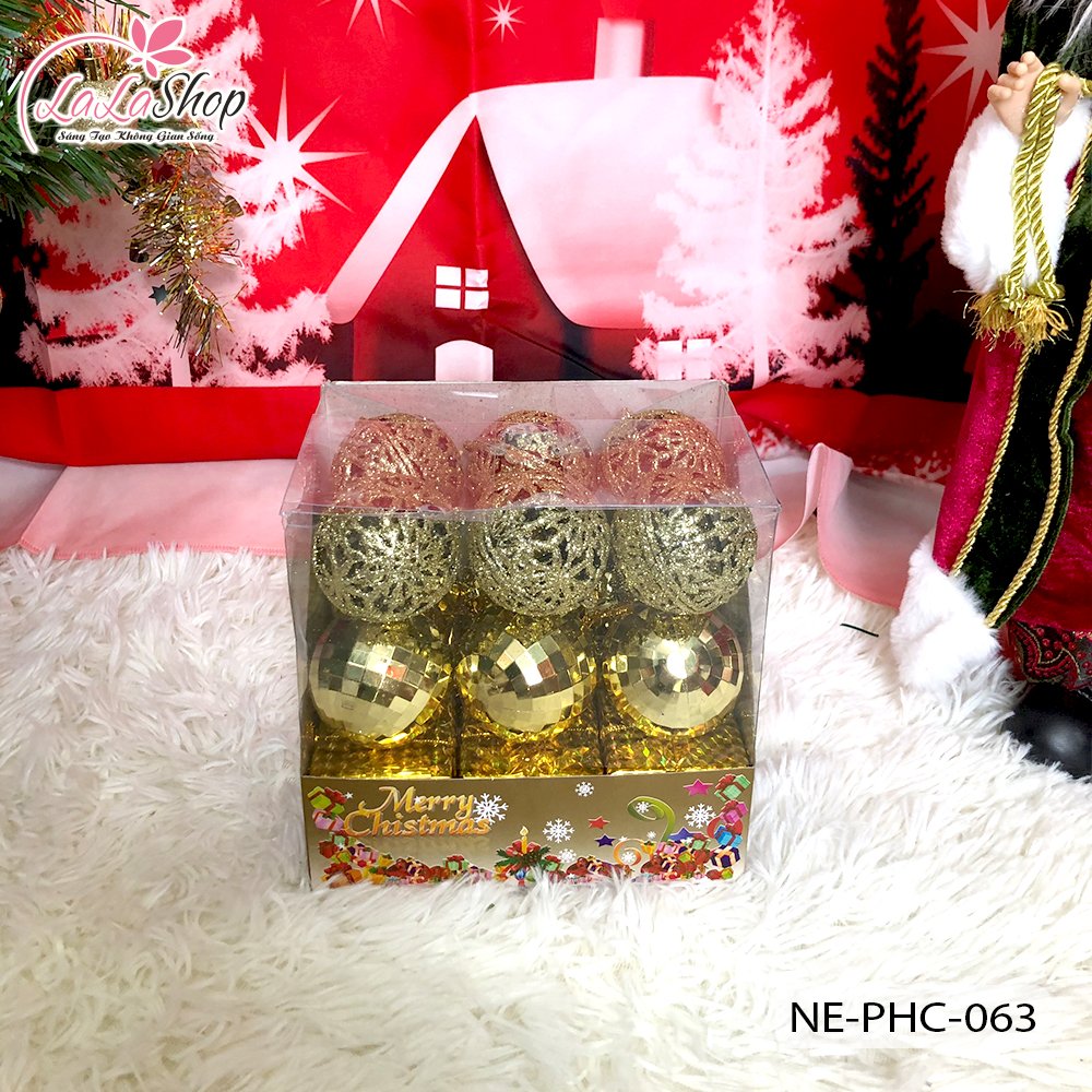 Hộp châu 6cm 12 quả và 6 hộp quà nhiều màu trang trí noel