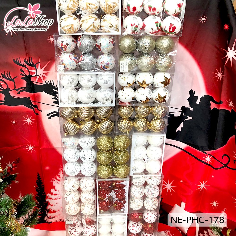 Hộp 6 quả châu 7cm họa tiết nhiều loại trang trí noel (giao ngẫu nhiên)