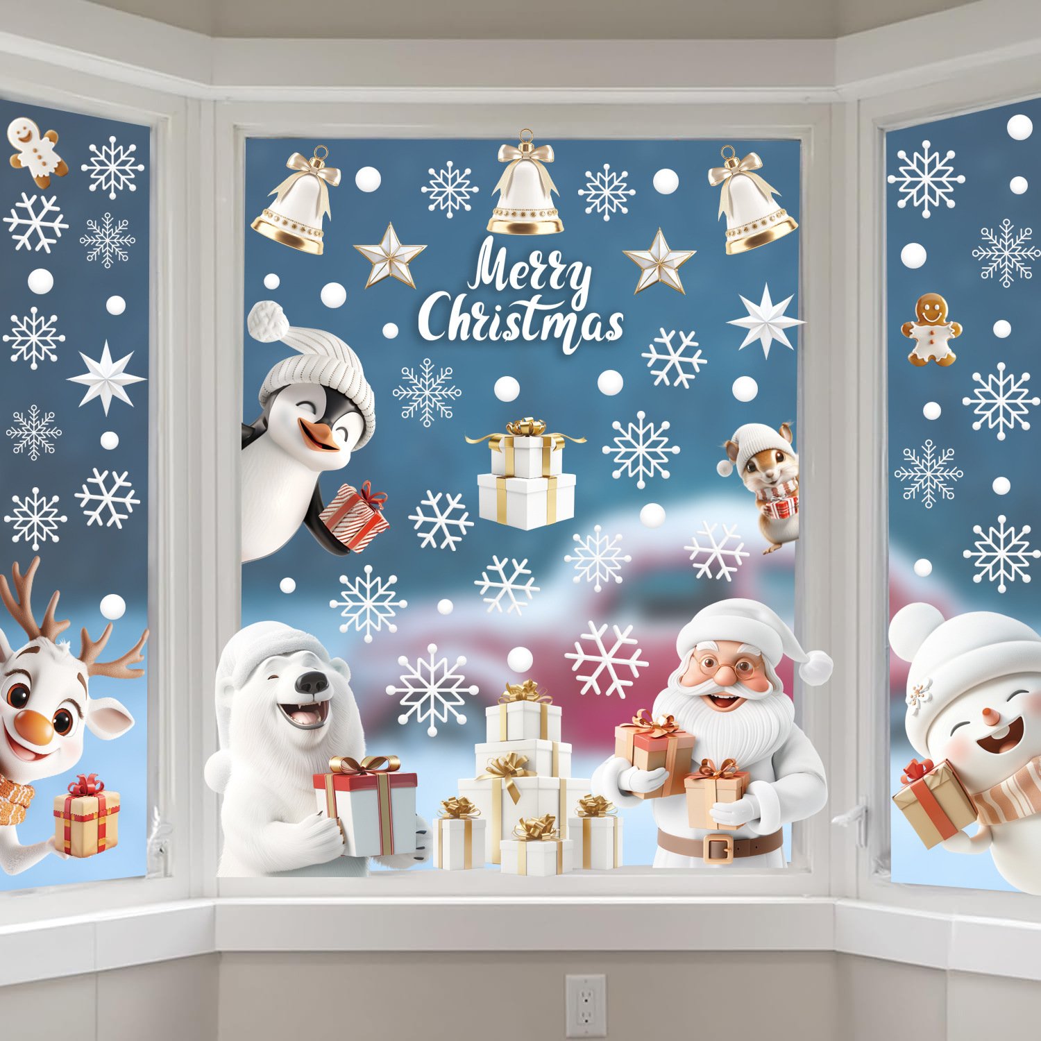 Decal tĩnh điện 2 mặt trang trí noel Ông Già Noel Và Chú Gấu Trắng