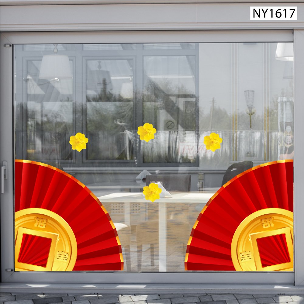 Decal Trang Trí Tết cánh quạt đỏ và đồng tiền vàng góc chân tường