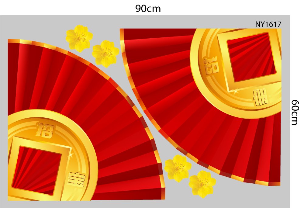 Decal Trang Trí Tết cánh quạt đỏ và đồng tiền vàng góc chân tường