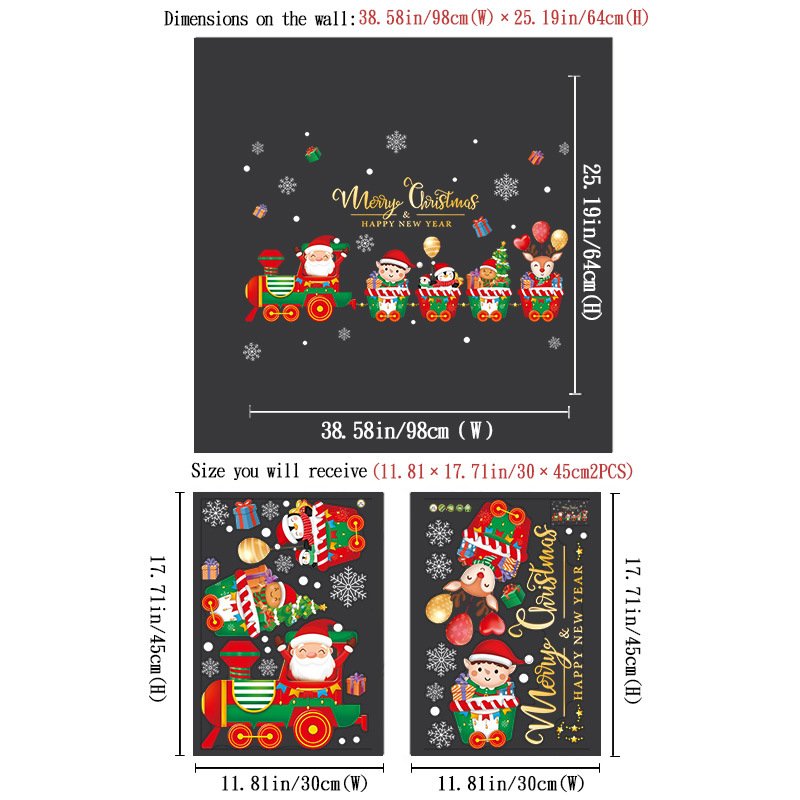 Decal tĩnh điện 2 mặt trang trí noel ông già Noel đi tàu lửa cùng các bạn nhỏ