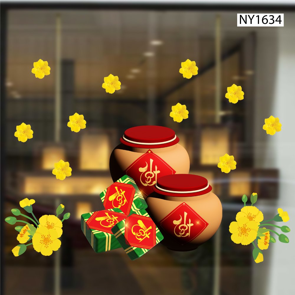 Decal Trang Trí Tết bánh chưng và hũ gạo