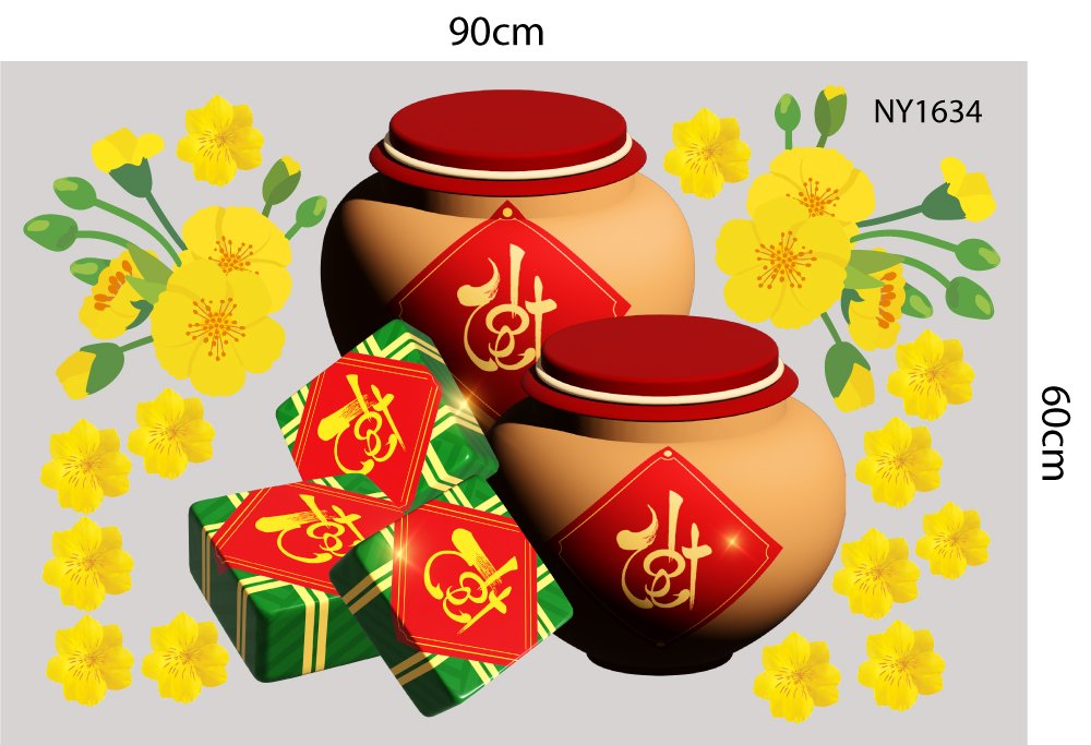 Decal Trang Trí Tết bánh chưng và hũ gạo