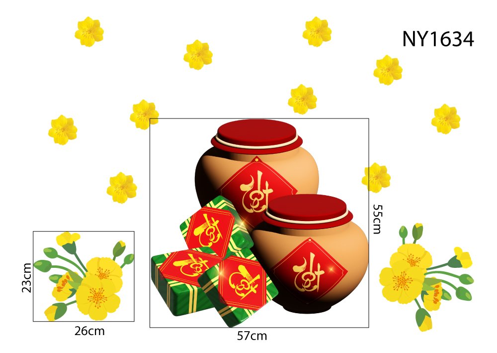Decal Trang Trí Tết bánh chưng và hũ gạo