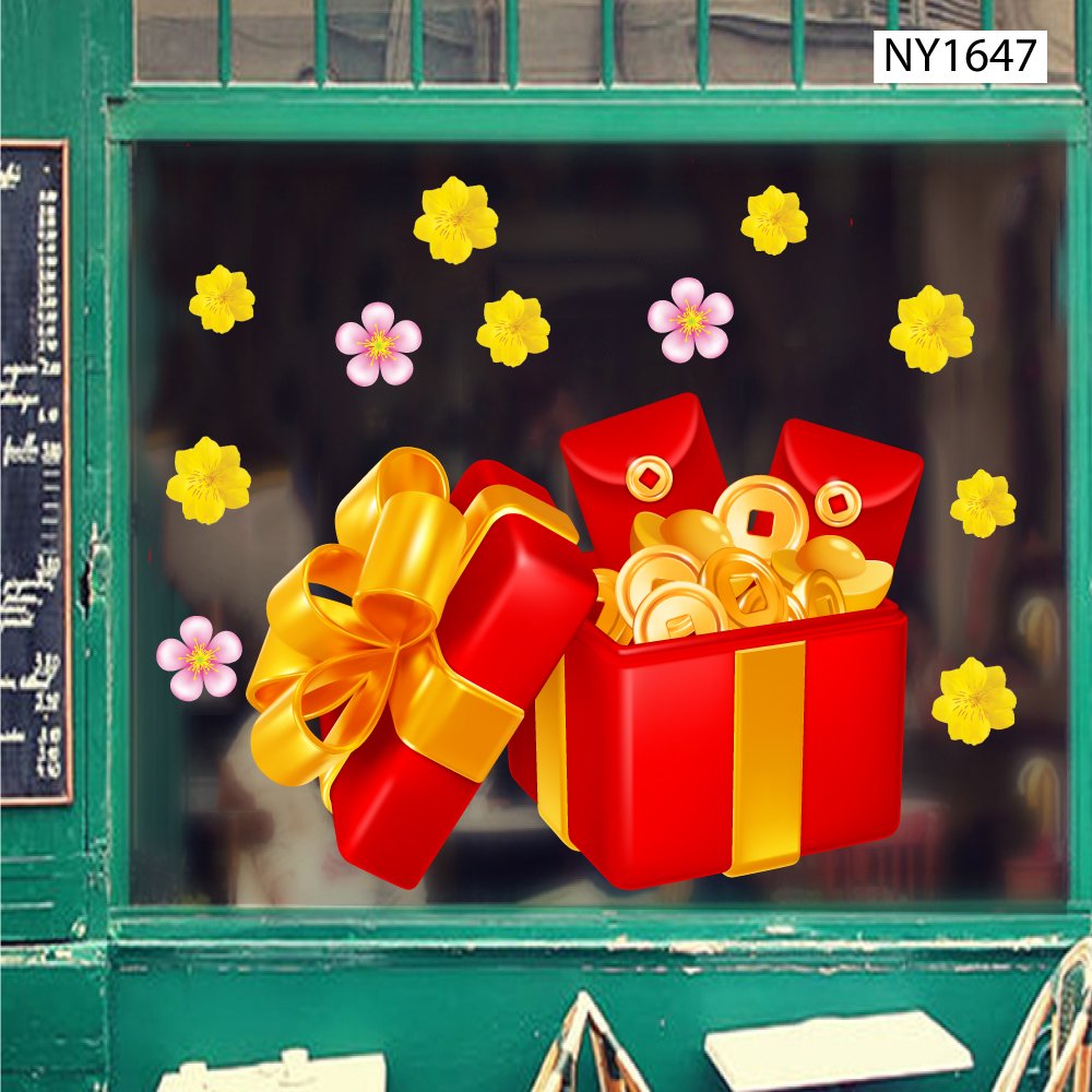 Decal Trang Trí Tết hộp quà và tiền vàng