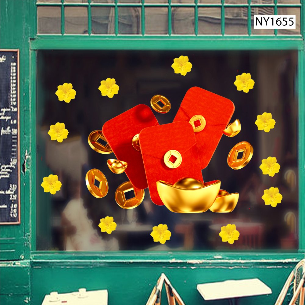 Decal Trang Trí Tết thỏi vàng và lì xì đỏ