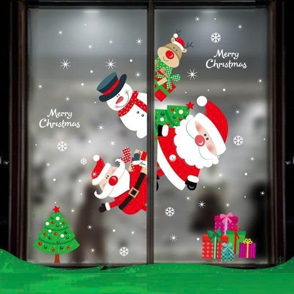 Decal tĩnh điện 2 mặt trang trí noel ông già noel cùng tuần lộc và bạn người tuyết