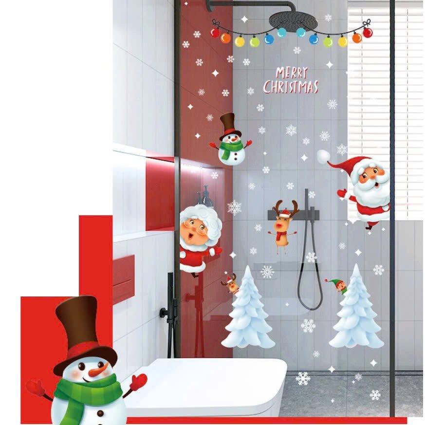 Decal tĩnh điện 2 mặt trang trí noel ông già noel và cây thông trắng