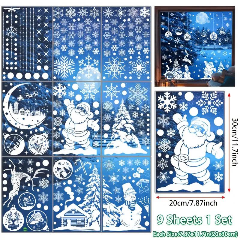 Combo 9 Tấm Decal Màu Trắng 2 Mặt Trang Trí Ông Già Noel Và Và Người Tuyết Vui Đón Giáng Sinh