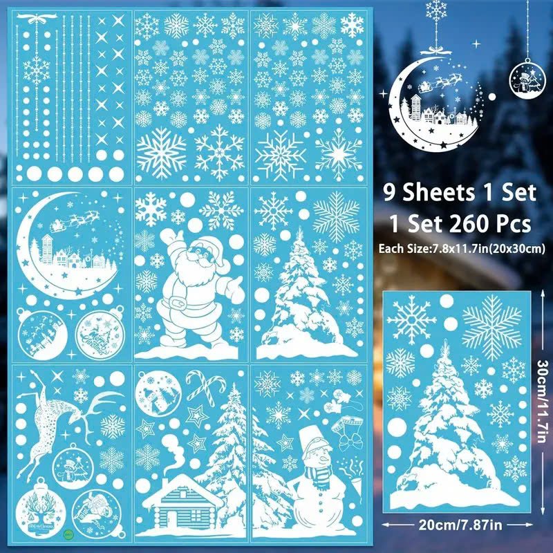 Combo 9 Tấm Decal Màu Trắng 2 Mặt Trang Trí Ông Già Noel Và Và Người Tuyết Vui Đón Giáng Sinh
