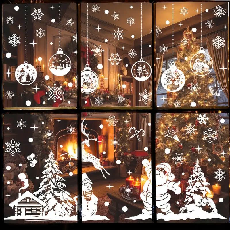 Combo 9 Tấm Decal Màu Trắng 2 Mặt Trang Trí Ông Già Noel Và Và Người Tuyết Vui Đón Giáng Sinh