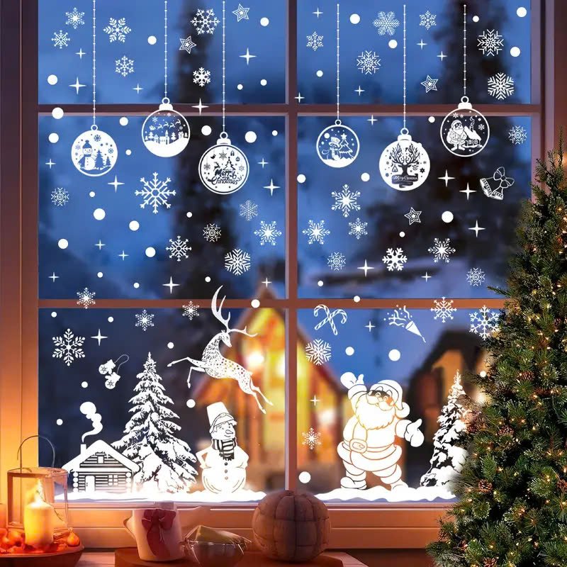 Combo 9 Tấm Decal Màu Trắng 2 Mặt Trang Trí Ông Già Noel Và Và Người Tuyết Vui Đón Giáng Sinh