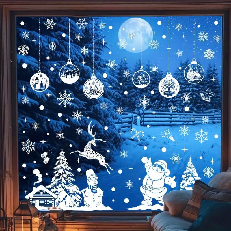 Combo 9 Tấm Decal Màu Trắng 2 Mặt Trang Trí Ông Già Noel Và Và Người Tuyết Vui Đón Giáng Sinh