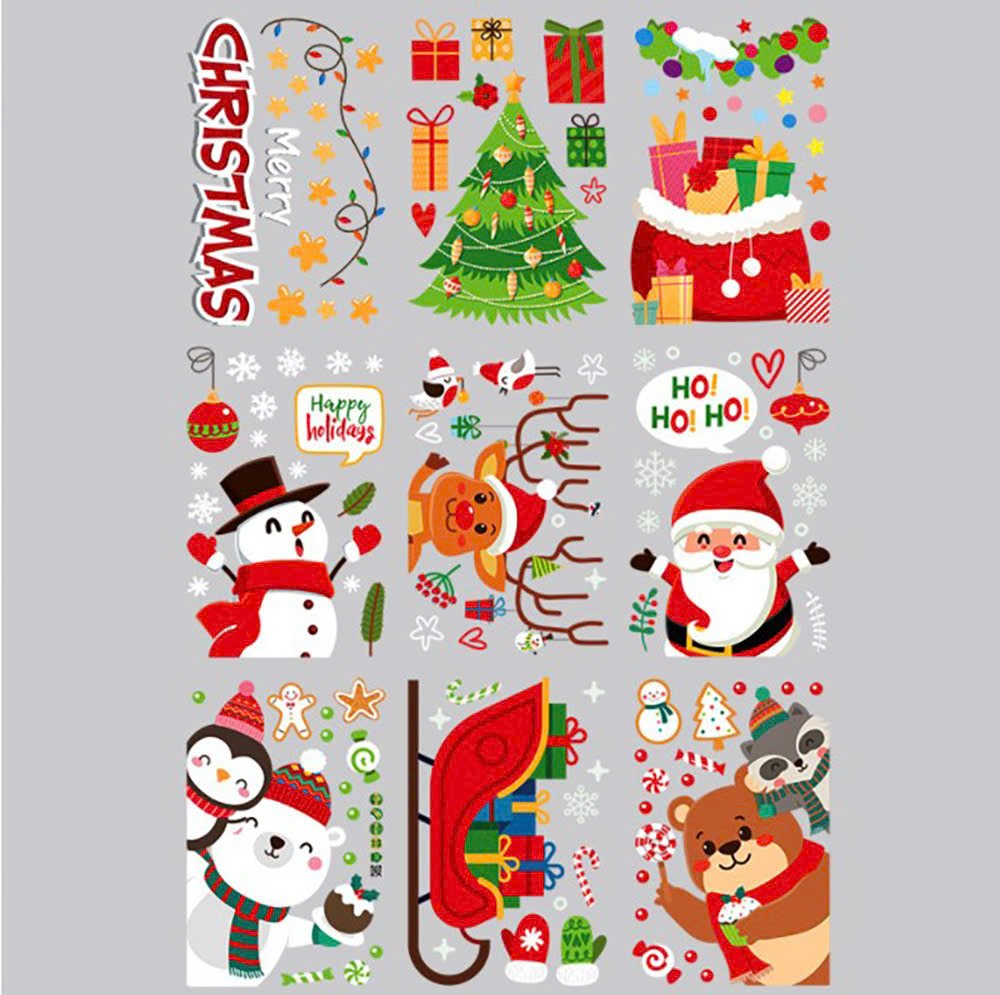 Combo 9 Tấm Decal Tĩnh Điện 2 Mặt Trang Trí Noel Gấu Nâu Và Người Tuyết Vui Đón Giáng Sinh