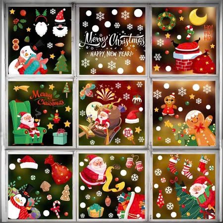 Combo 9 Tấm Decal Tĩnh Điện 2 Mặt Trang Trí Ông Già Noel Và Những Món Quà Đáng Yêu