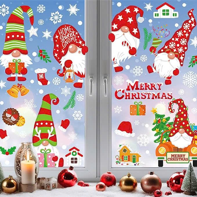 Combo 9 Tấm Decal Tĩnh Điện 2 Mặt Trang Trí Ông Già Noel Với Những Chiếc Nón Ngộ Nghĩnh