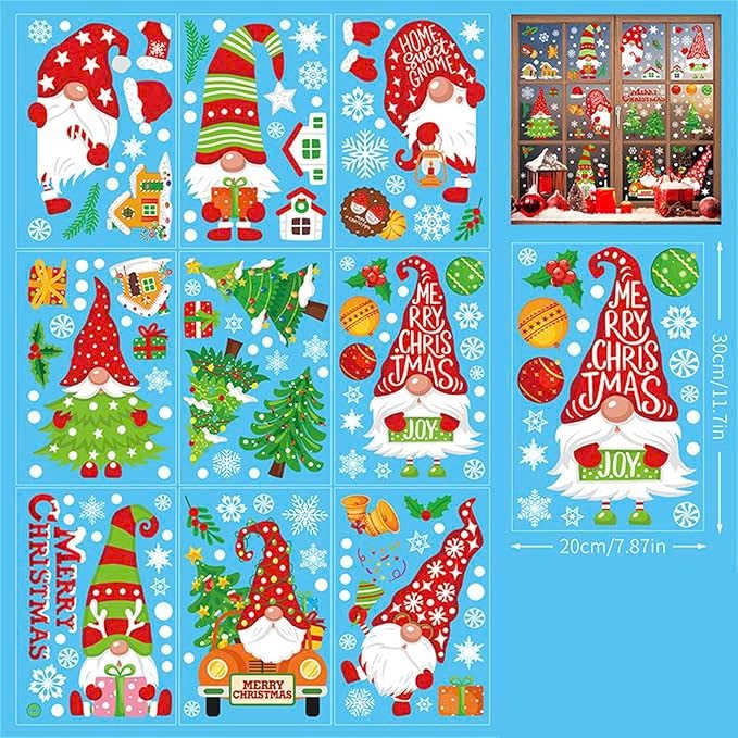 Combo 9 Tấm Decal Tĩnh Điện 2 Mặt Trang Trí Ông Già Noel Với Những Chiếc Nón Ngộ Nghĩnh