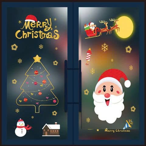 Decal Tĩnh Điện 2 Mặt Trang Trí Noel Ông Già Noel Và Cây Thông Viền Vàng