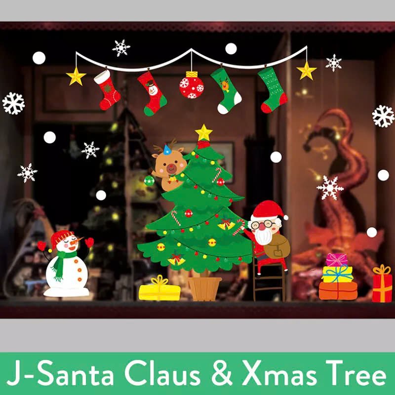 Decal Tĩnh Điện 2 Mặt Trang Trí Noel Ông Già Noel Và Tuần Lộc Trang Trí Cây Thông