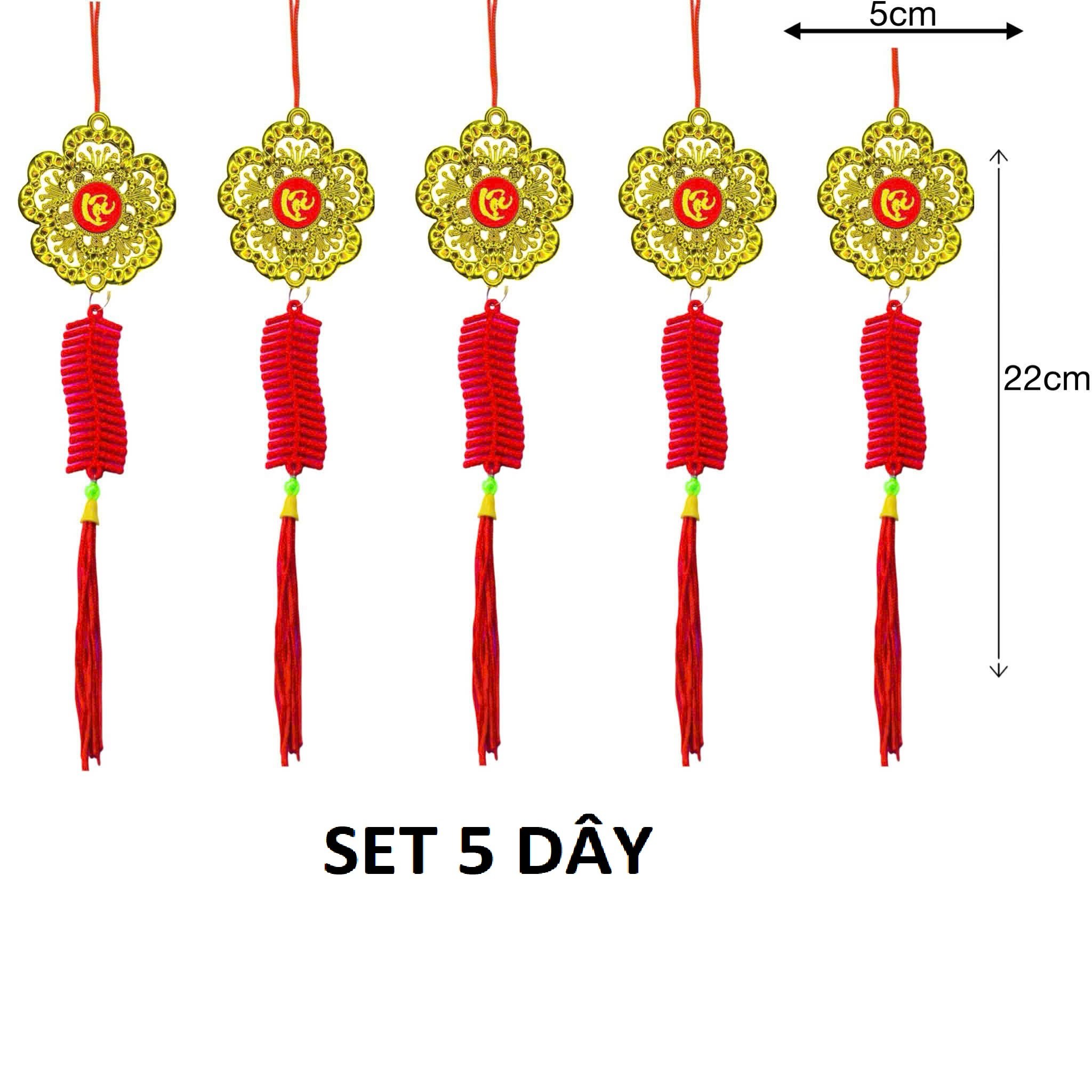 Dây Lộc treo hoa mai vàng chữ lộc và pháo nhung đỏ (set 5 dây)