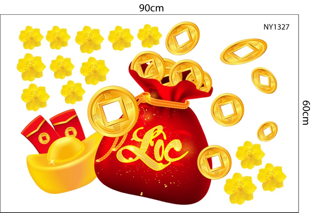 Combo Decal Trang Trí Tết Ất Tỵ thần tài gõ cửa rước lộc vào nhà