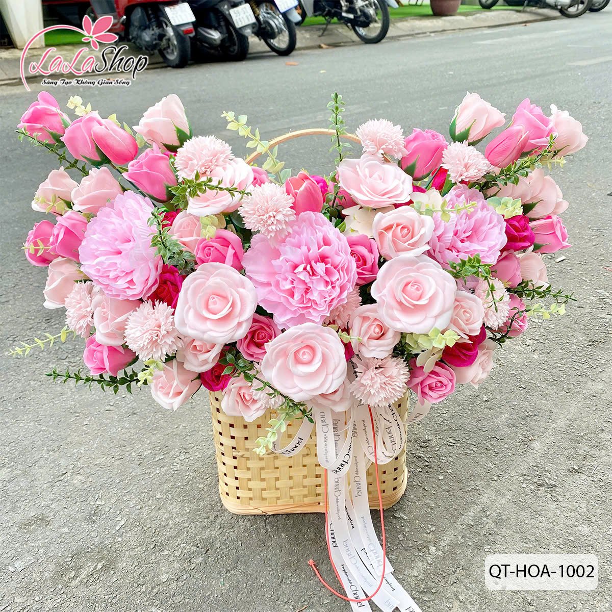 Chậu Hoa Mẫu Đơn Hồng Mix Hoa Sáp Thơm Món Quà Ý Nghĩa