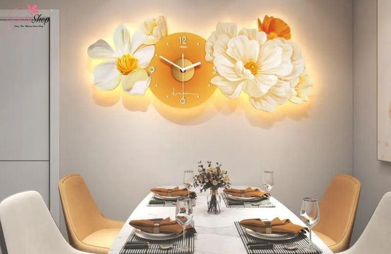 Tranh đồng hồ LED hoa nghệ thuật